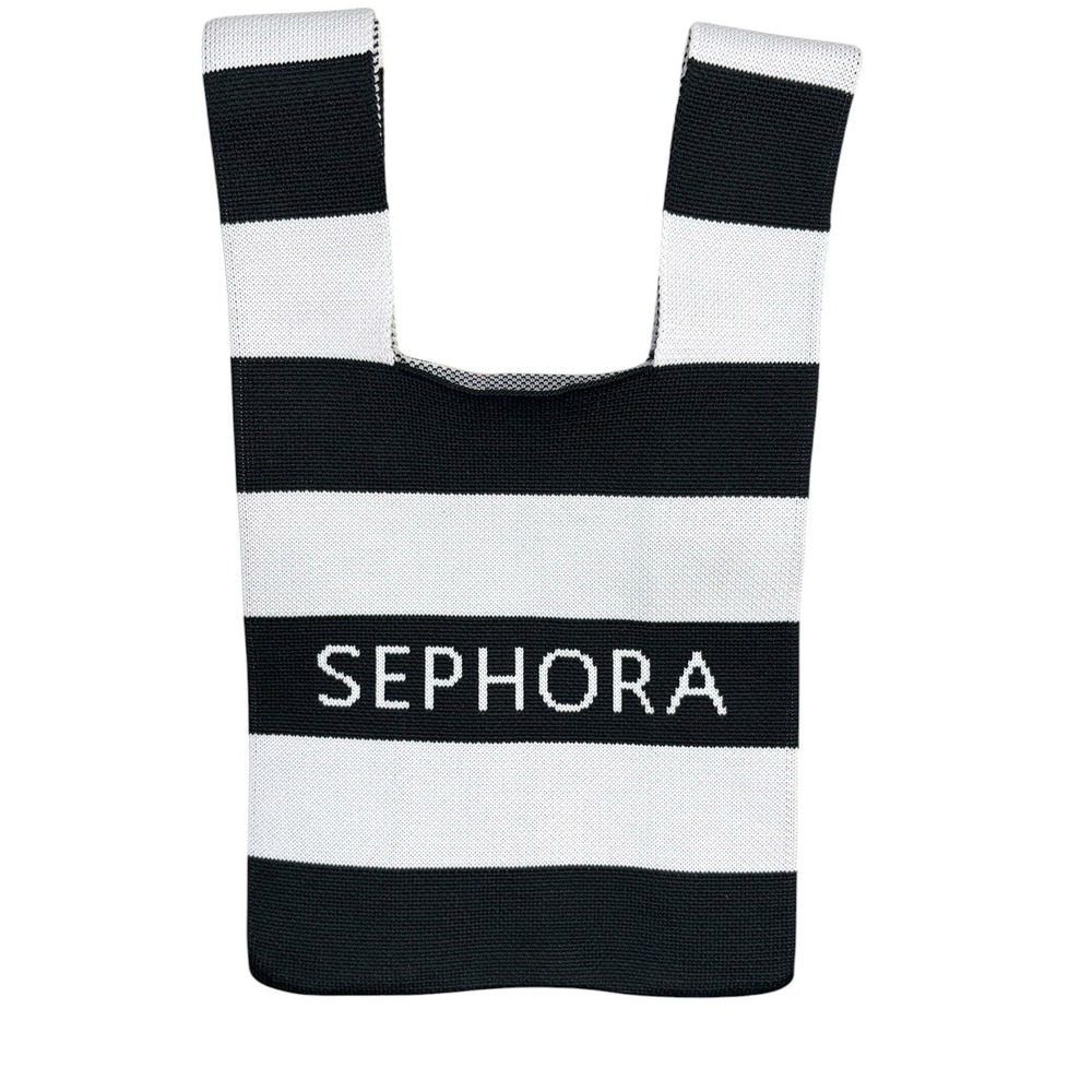 NWOT‎ Sephora Black White Striped Knit Tote Bag Logo Print Women OS